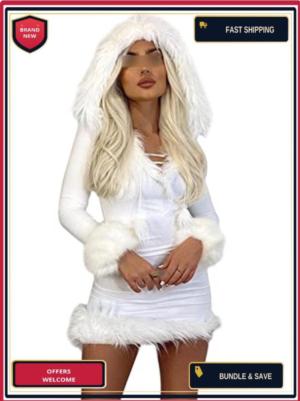 Faux Fur Trim Hooded Mini Dress Long Sleeve V Neck Bodycon Party